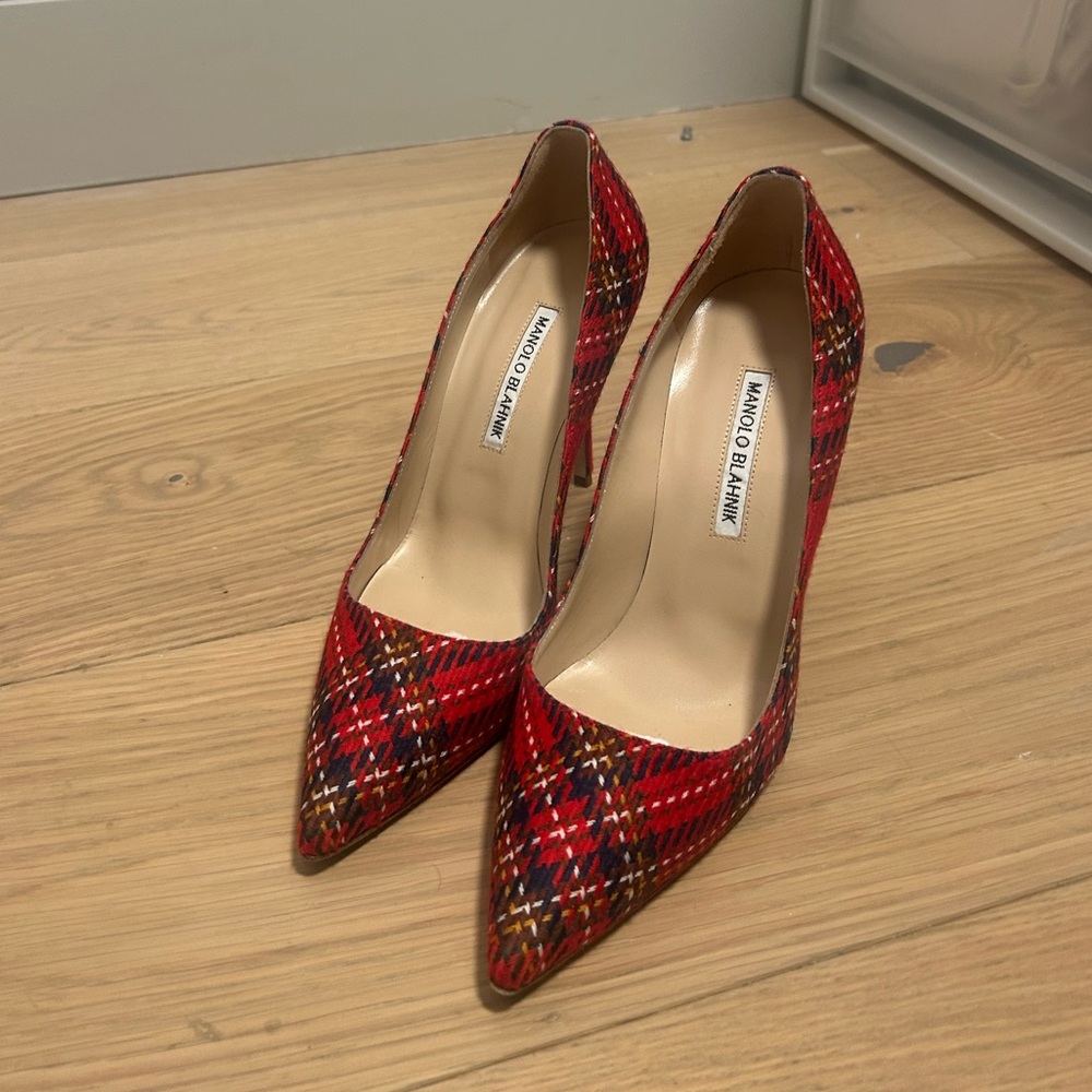 Manolo Blahnik Red Plaid Stiletto Heels